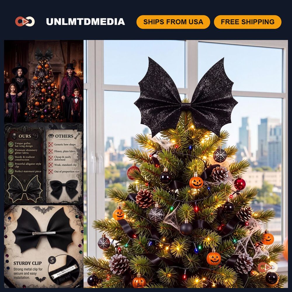 Spooky Black Bat Tree Topper Bow for Halloween Decor - 13 x 11'' Halloween Accen